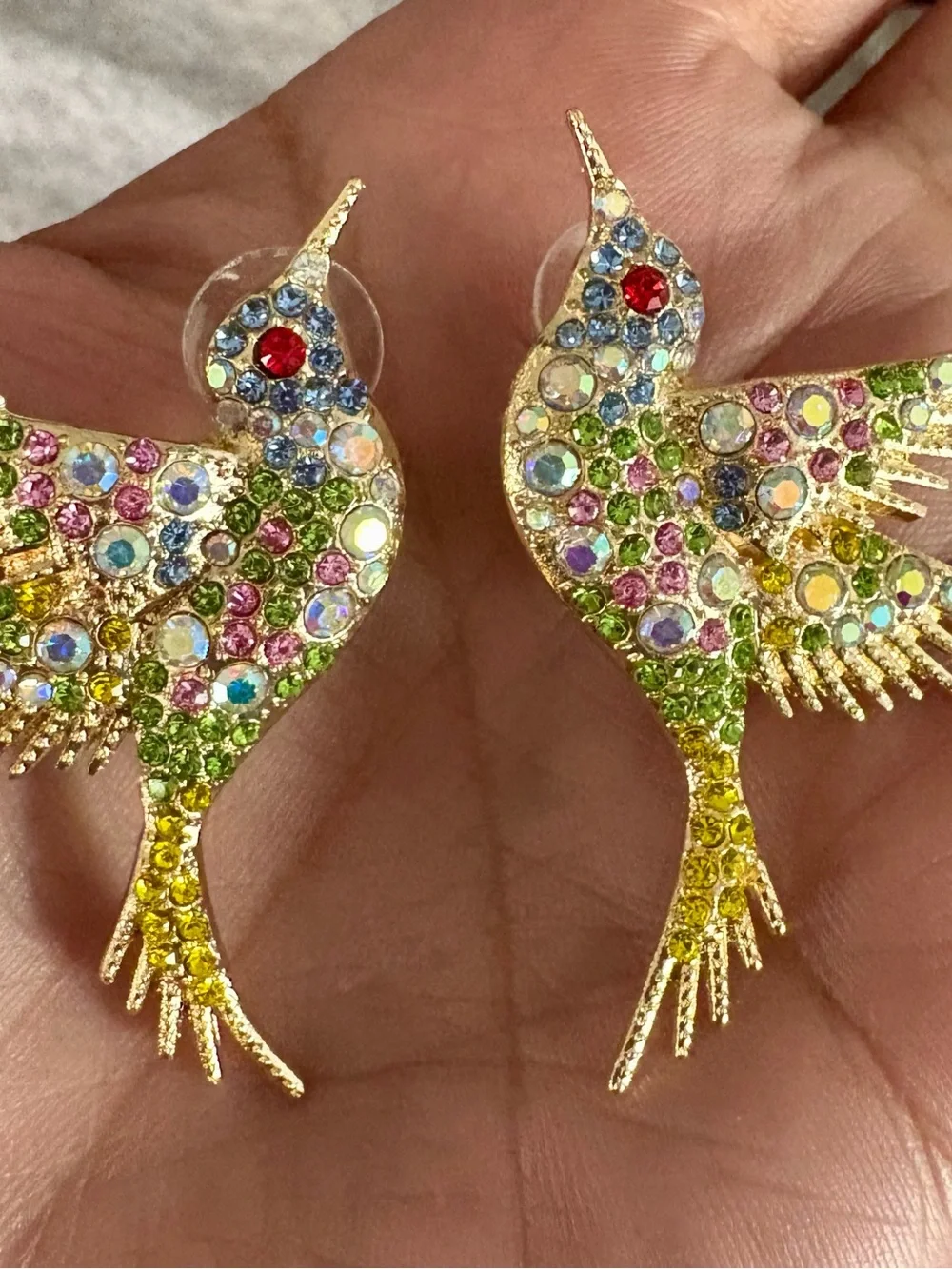 Gold-Tone Multicolor Crystal Hummingbird Earring - Unbranded